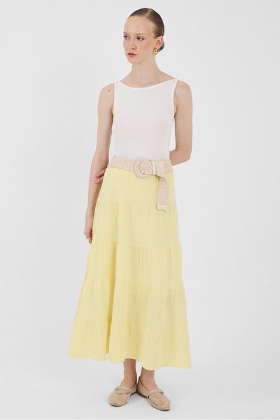 Rays Butter Yellow Linen Look 100% Cotton Layered Long Skirt 4801A
