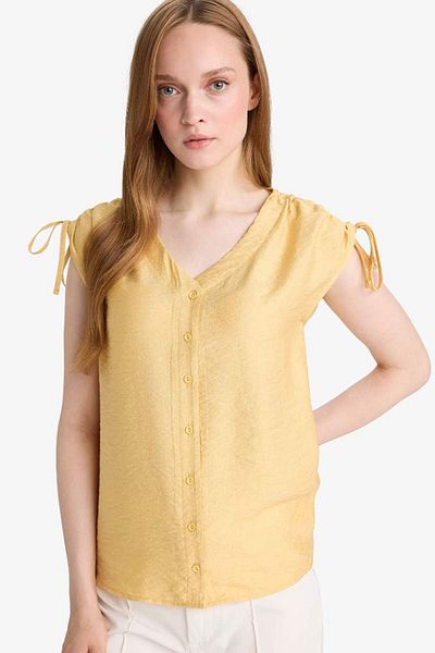 DeFacto New Season V-Neck Short Sleeve Shirt with Drawstring Detail