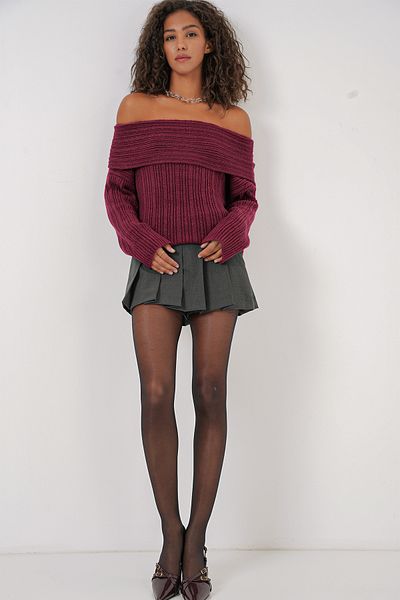 Merterium Women's Open Shoulder Oversize Knitwear Sweater Claret Red 1235