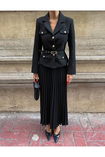 ossons Pleated Gold Buttoned Belted Jacket Skirt Suit