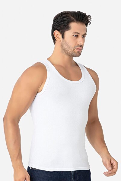 Arma Yıldız Men's White Ribbed Undershirt Cotton Lycra Camisole Halter Neck Slim Fit Undershirt