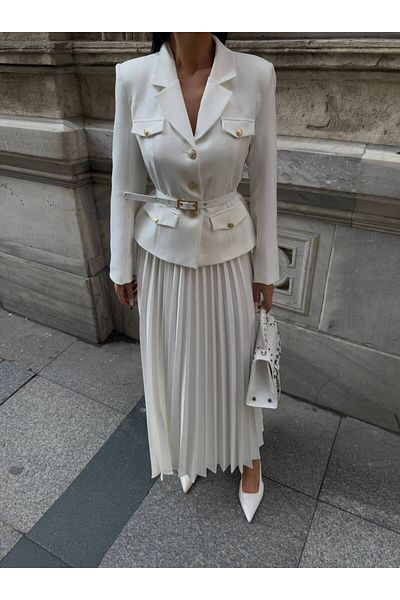 ossons Pleated Gold Buttoned Belted Jacket Skirt Suit