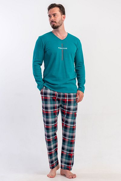 VİENETTA Men's Interlock V-Neck Long Sleeve Pajama Suit, 503223