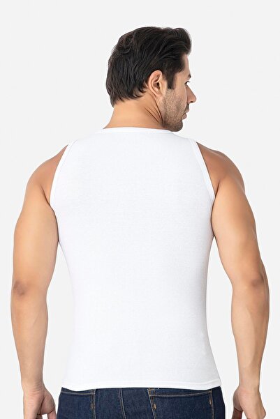 Arma Yıldız Men's White Ribbed Undershirt Cotton Lycra Camisole Halter Neck Slim Fit Undershirt