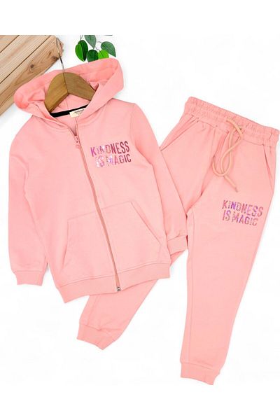 Ege Bebek Girls' Seasonal Tracksuit Set with Zippered Hooded Jacket and Tracksuit Bottoms for 2-3-4-5-6 Years Old