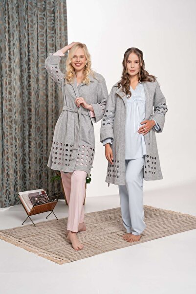 Lohussa Kadın Mavi Polar Sabahlıklı Özel Tasarım Kışlık Pamuk Hamile Lohusa Sabahlık Pijama Takımı Set