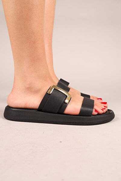 Birikon Speyer Wide Gold Buckle Slippers Black
