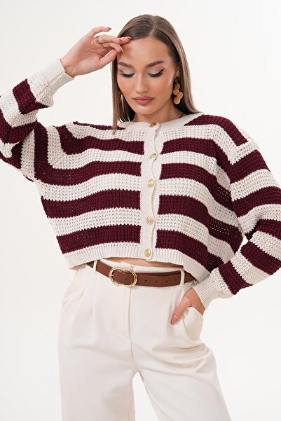 ŞİMAL Kadın Çizgi Desenli Düğme Kapamalı Triko Örme Hırka 255195 -