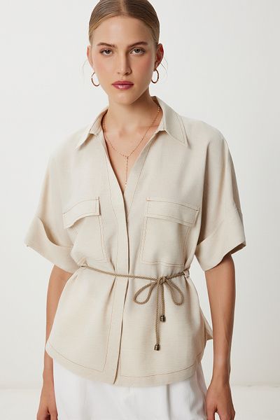 Lovelyİstanbul Linen Shirt with Tie Detail Ldp0076 Beige
