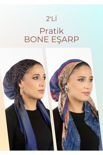 safura 2 Pack Practical Bonnet Scarf - Blue Geometric and Abstract Patterns