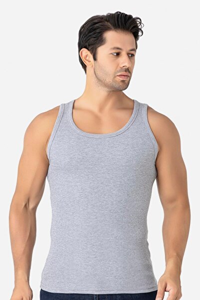 Arma Yıldız Men's Gray Ribbed Undershirt Cotton Lycra Camisole Halter Neck Slim Fit Undershirt