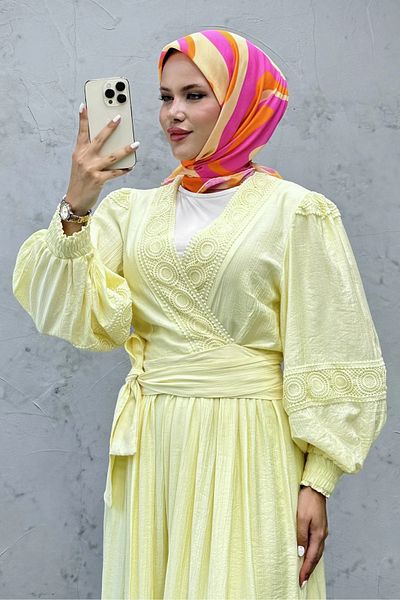 Tesettür Diyarı Women's Cotton Guipure Detailed Belted Double Suit