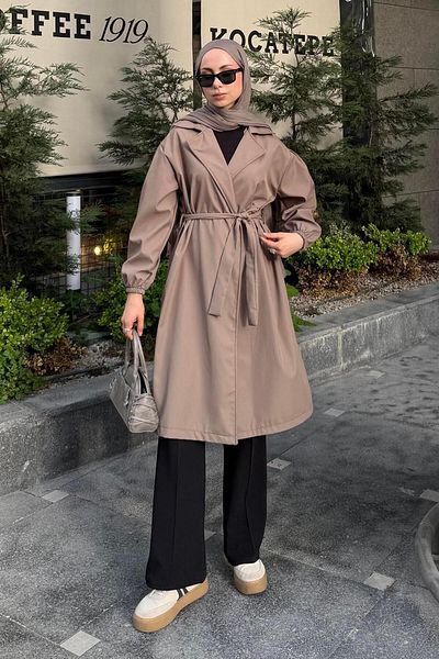 lamelif Trench Coat with Elastic Sleeves Army Green