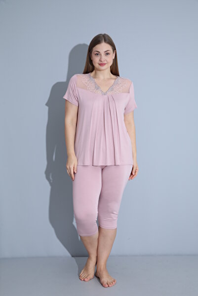 Cotpark Women's Plus Size Viscose Elastane Fabric Short Sleeve Capri Suit 14529-B