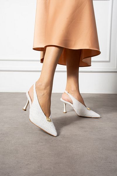 Güllü Shoes White Fabric Textured Button Detailed Slingback Thin Heeled Women's Stiletto