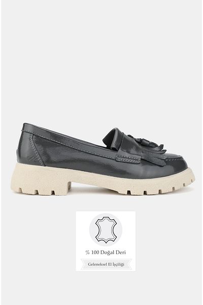 TUNAELLİ Women's Green Patent Leather Genuine Natural Leather Number 36-41 Tassel Loafer Shoes