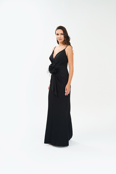 BDM Exclusive İnce Askılı Derin V Yaka Krep Astarlı Abiye Elbise