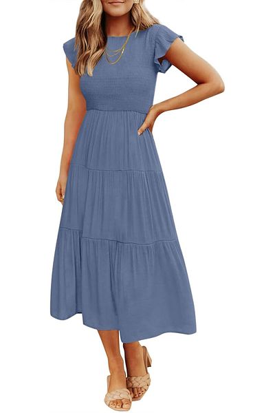 ZESICA Women's 2023 Summer Casual Flutter Short Sleeve Crew Neck Smocked Elastic Waist Tiered Midi Dress