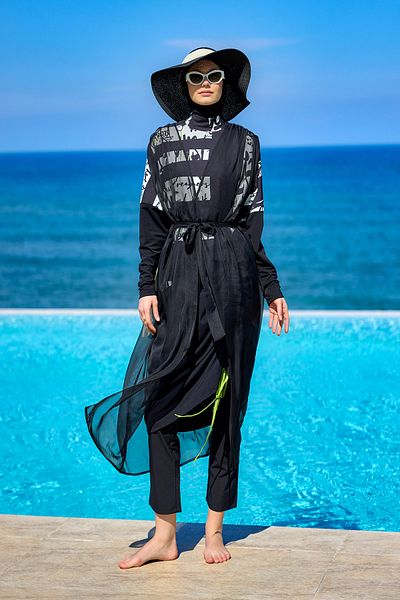 Marina Black Patterned Chiffon Kimono – Full Length Lightweight Beach Top Hijab Pareo P2502