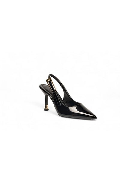 ELAIA SHOES Velora Black Patent Leather Thin Heeled Gold Buckle Heeled Shoes