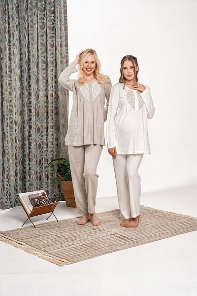 Lohussa Women's Beige Honeycomb Knitted Special Design Lace Winter Cotton Maternity Maternity Dressing Gown Pajama Set Set