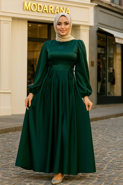 Modarana Belden Bağlamalı Balon Kol Saten Tesettür Abiye