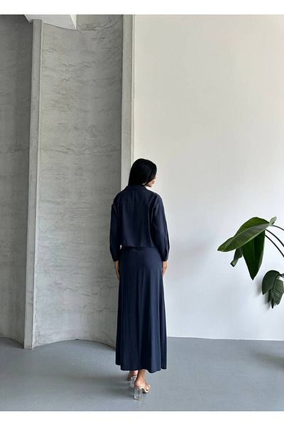 vesantia Women's Navy Blue Premium Modal Fabric Shirt Long Dress Suit