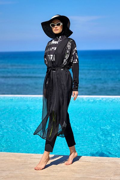 Marina Black Patterned Chiffon Kimono – Full Length Lightweight Beach Top Hijab Pareo P2502