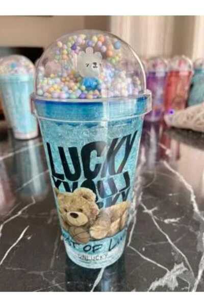 MutfakMarket Gift Lighted Cup Water Bottle with Straw Double Layer Blue Color