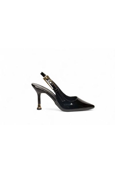 ELAIA SHOES Velora Black Patent Leather Thin Heeled Gold Buckle Heeled Shoes
