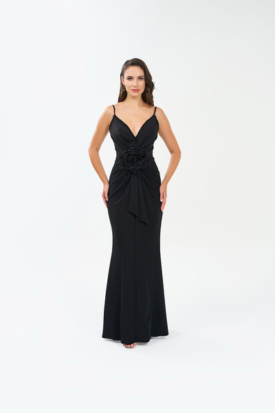 BDM Exclusive İnce Askılı Derin V Yaka Krep Astarlı Abiye Elbise