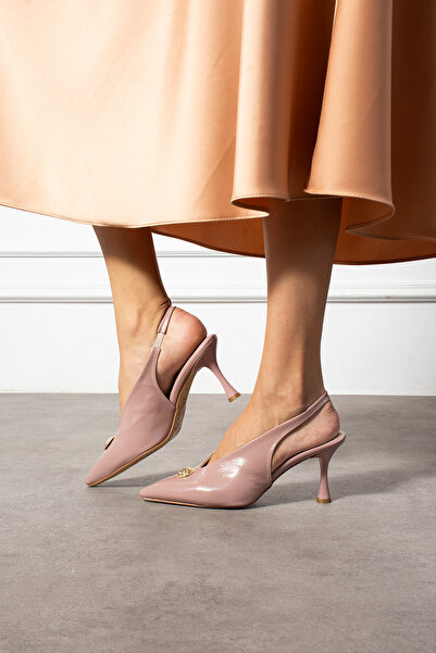 Güllü Shoes Dusty Rose Patent Leather Button Detailed Slingback Thin Heeled Women's Stiletto – Stylish and Elegant Evening Dress Shoes