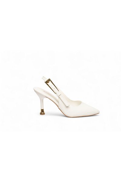 ELAIA SHOES Velora White Patent Leather Thin Heeled Gold Buckle Heeled Shoes