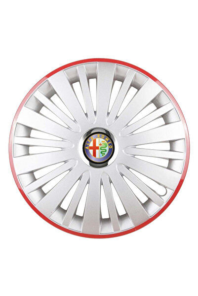 Autohelix MSA Set de 4 capace pentru roți, potrivite pentru jante R16, pentru Alfa Romeo, model Silver Falcon cu ramă roșie