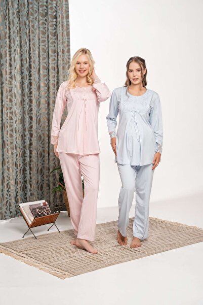 Lohussa Kadın Mavi Şal Yaka Özel Tasarım Dantelli Kışlık Pamuk Hamile Lohusa Sabahlık Pijama Takımı Set