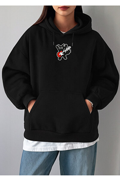 De Carte سويت شيرت نسائي بقلنسوة مطبوع عليه قطة عازف الجيتار باللونين الأسود ...