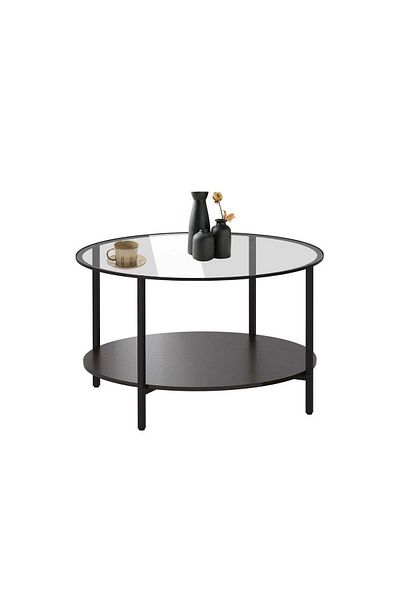 Domuik Modern Glass Coffee Table, 2 Layers Round Side Table, Living Room Center Table