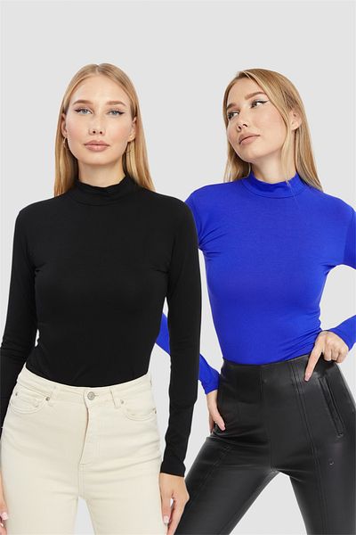 LAENT Women's Black Saks Blue Stand Collar 2-Piece Bodysuit