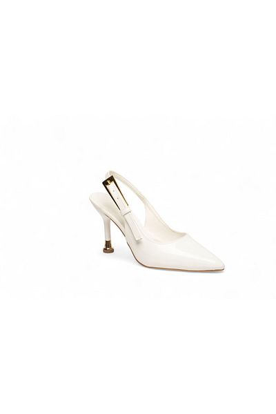 ELAIA SHOES Velora White Patent Leather Thin Heeled Gold Buckle Heeled Shoes