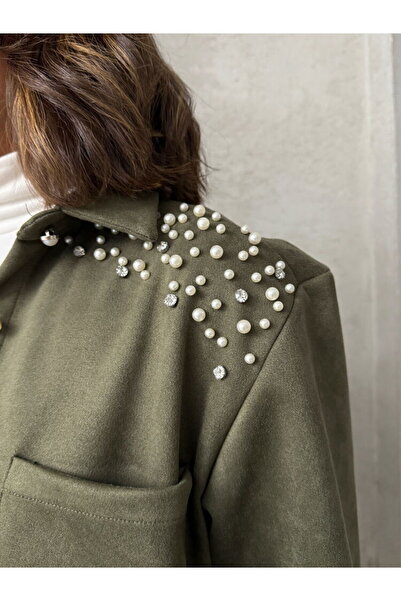 Caddebostan Moda Γυναικείο μακρυμάνικο πουκάμισο από 100% σουέτ με αξεσουάρ από πέτρα μαργαριτάρι