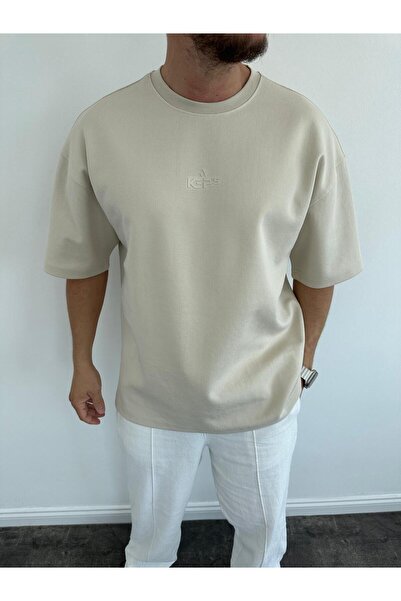 KağanKY Κρεμ μπλουζάκι Doubleface Embossing με τύπωμα