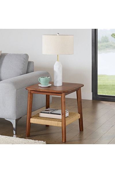 Generic Side Table 45x45x55cm - Classic-looking with Woven Shelf - Solid Acacia Wood Elegant Coffee Table