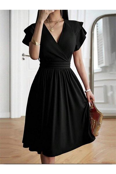 modamtn Women's Short Ruffle Sleeve Double Breasted Collar Kiloş Janjan Crepe Dress