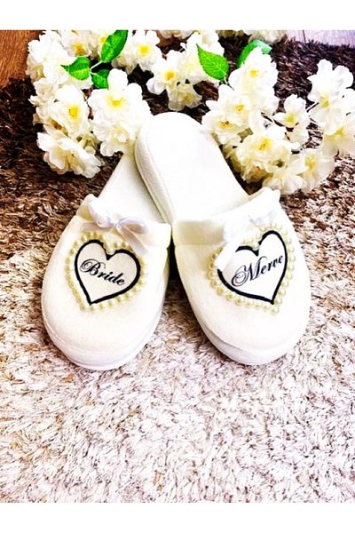 bridebyvictoria (We Write Your Name) Bridal Slippers White Pearl Detailed Bride Slippers with Ribbon