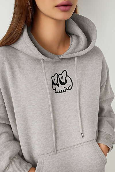 De Carte سويت شيرت نسائي بقلنسوة على شكل جمجمة مع عيون قلب باللونين الأسود وا...