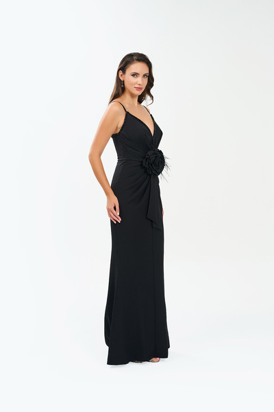 BDM Exclusive İnce Askılı Derin V Yaka Krep Astarlı Abiye Elbise