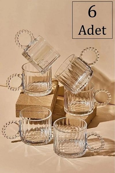 Amentes 6-Piece Glass Mug with Beaded Handle, Beaded Glass Mug, Espresso Soft Drink Cup