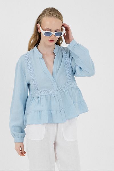 Rays Blue 100% Cotton Lace Detailed Muslin Shirt 4823A