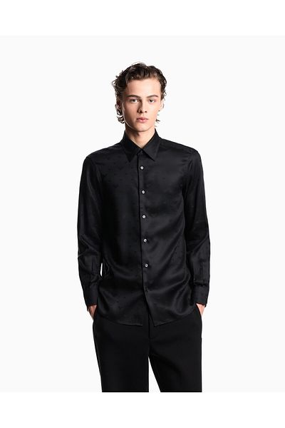Emporio Armani Men's Bright Fabric Long Sleeve Shirt Collar Logo Pattern Black Shirt Em001537 Af15074-Fc218