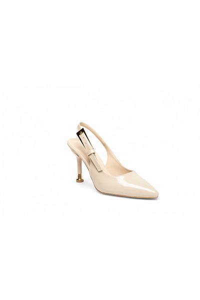 ELAIA SHOES Velora Beige Patent Leather Thin Heeled Gold Buckle Heeled Shoes